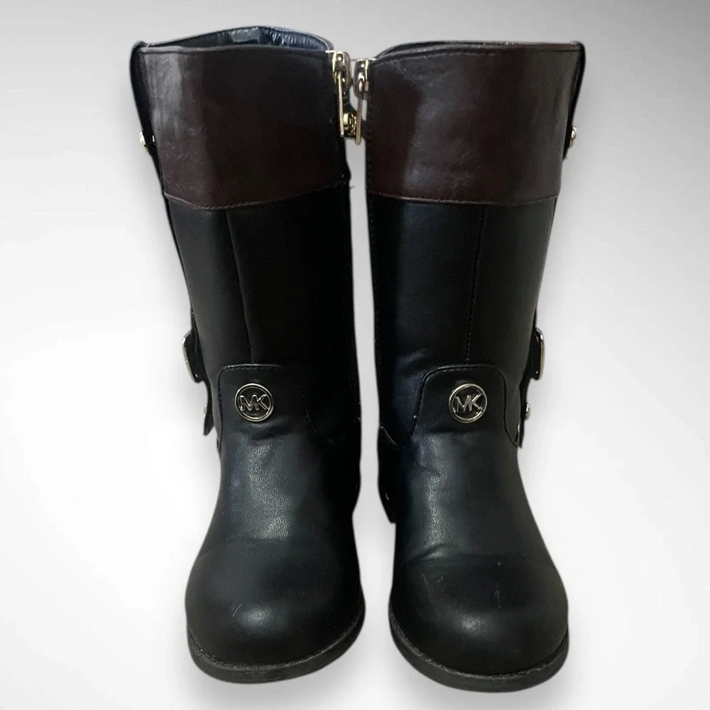 MICHAEL KORS Girl's Black and Brown‎ Flat Riding Boots Gold-Tone Hardware | EUC